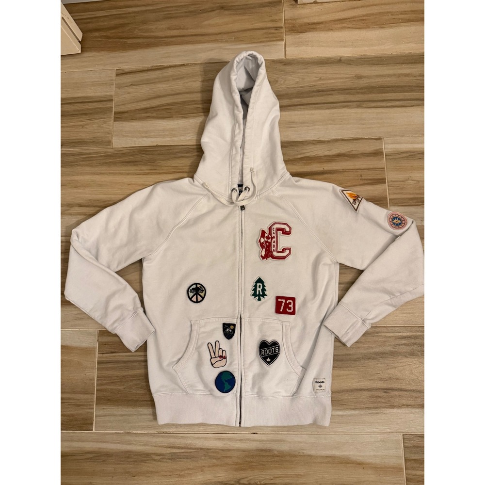 Roots Canada White Multi Patch Full Zip Hoodie Sweatshirt Mens Medium Varsity